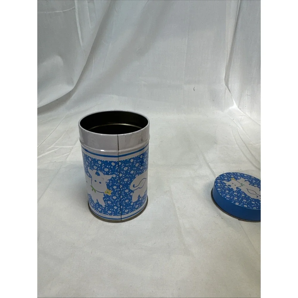 VTG Country Kitchen Tin Canister Cow Blue White Taiwan 4.25
